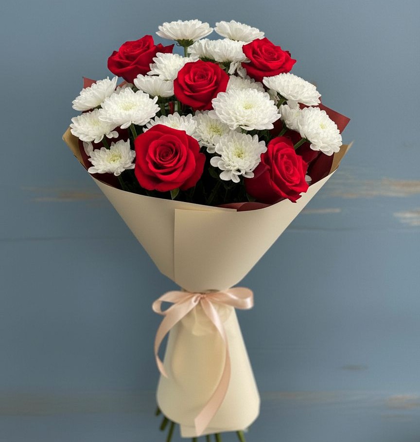 Букет цветов из: Розы и Хризантемы в Долгодеревенское