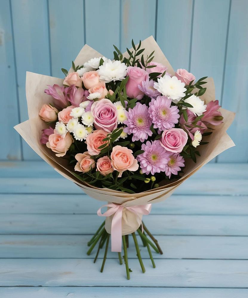 Букет цветов из: Хризантемы, Розы и Альстромерии в Долгодеревенское