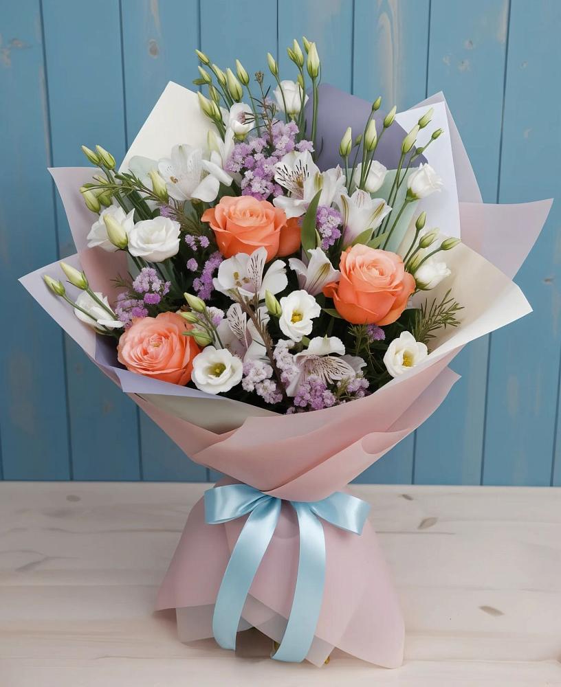 Букет цветов из: Лизиантусы, Розы, Альстромерии и Гипсофила в Долгодеревенское