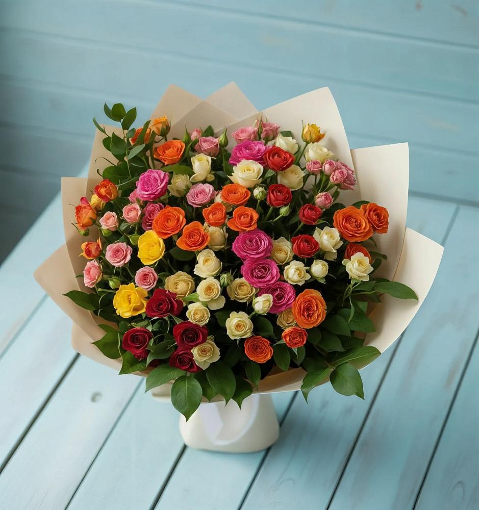 Букет Микс из разноцветных кустовых роз в Долгодеревенское