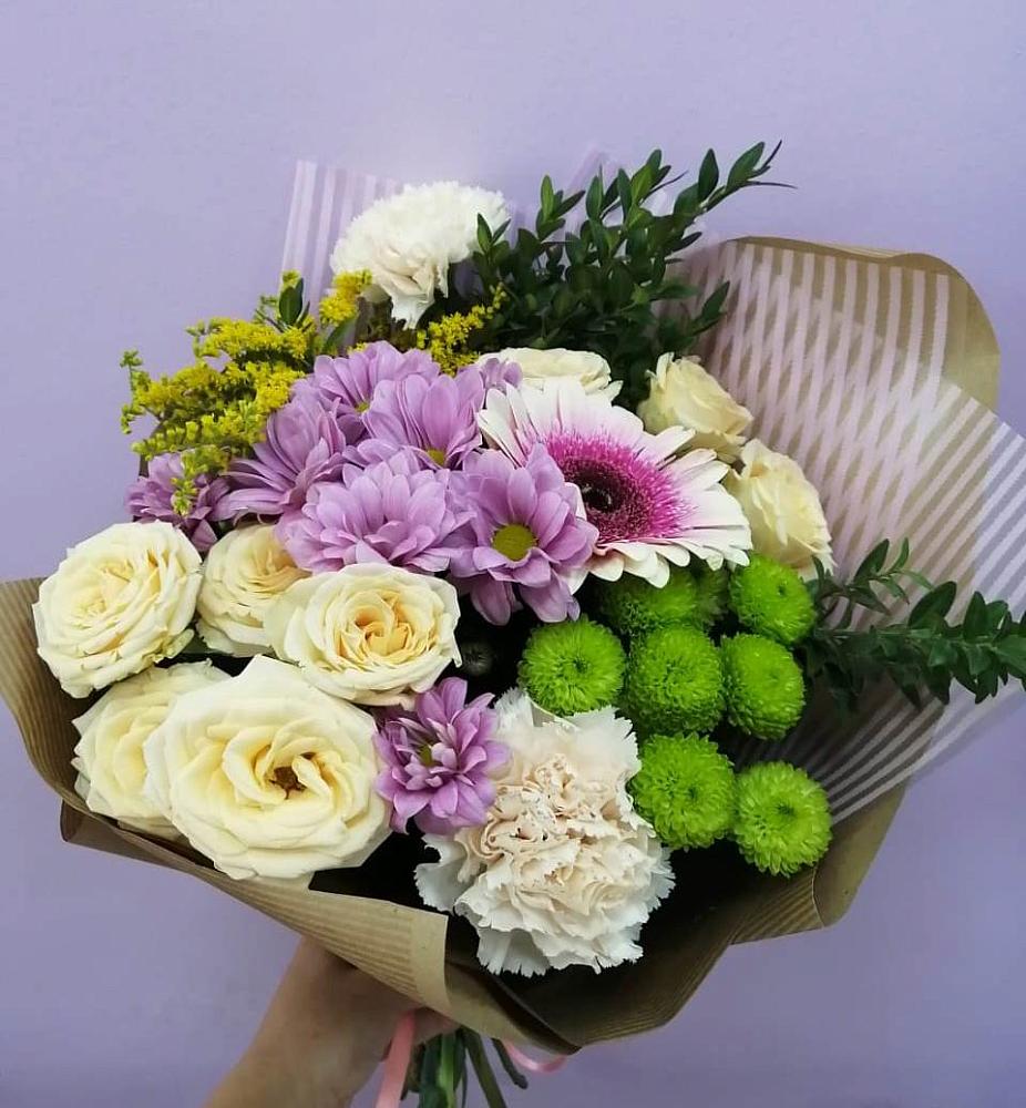 Букет цветов из: Хризантемы, Розы, Гвоздики и Герберы в Долгодеревенское