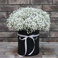 Цветочная композиция из Гипсофила в шляпной коробке в Долгодеревенское